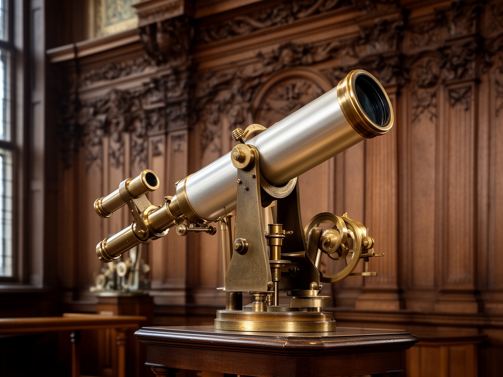 Detail starých vědeckých přístrojů a dalekohledu v muzejním prostředí s bohatou dřevěnou výzdobou symbolizující intelektuální tradici a institucionální vědění