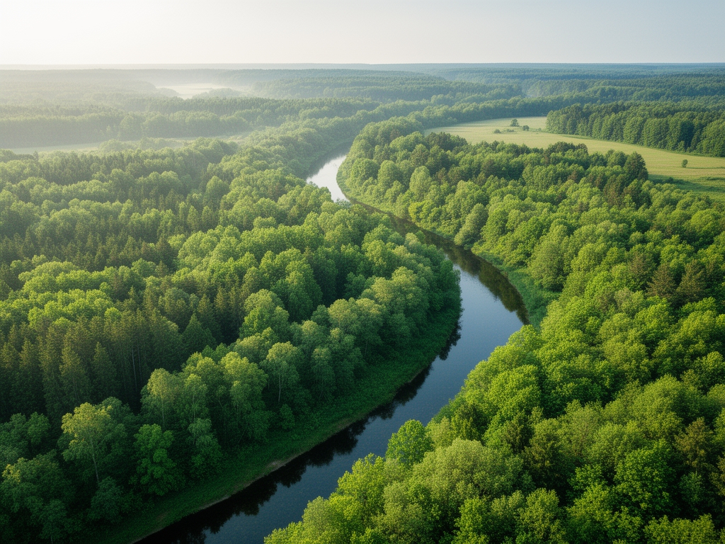Letecký pohled na zelený les s řekou protékající krajinou v ranním světle symbolizující přirozené procesy a cykly přírody