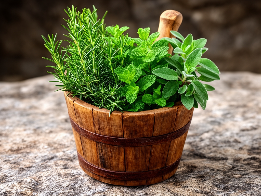 Čerstvé byliny jako rozmarýn, máta a šalvěj v rustikálním dřevěném hmoždíři na kamenném povrchu symbolizující tradiční využití rostlinných extraktů