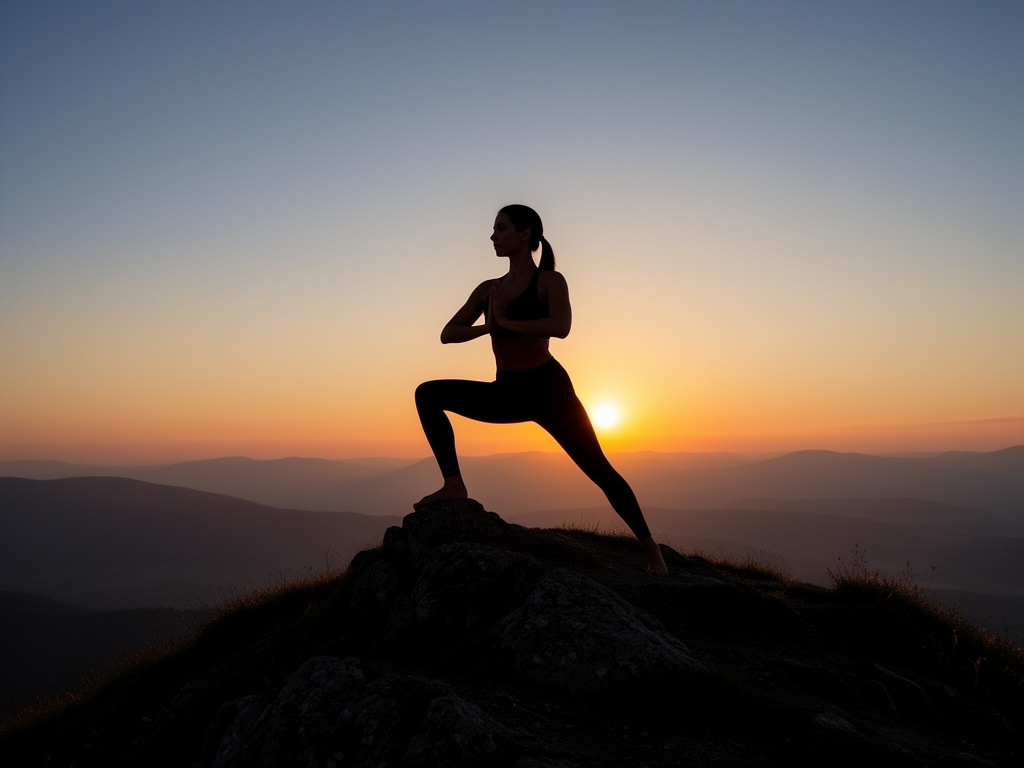 Silueta osoby provádějící jógu na vrcholku kopce při západu slunce symbolizující propojení pohybu a vnitřní rovnováhy