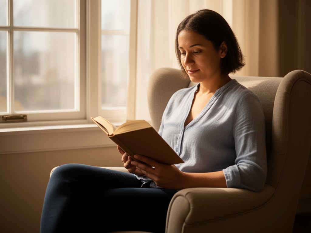 Osoba sedící v křesle u okna a čtoucí knihu v teplém přirozeném světle symbolizující vzdělávání a klidné studium