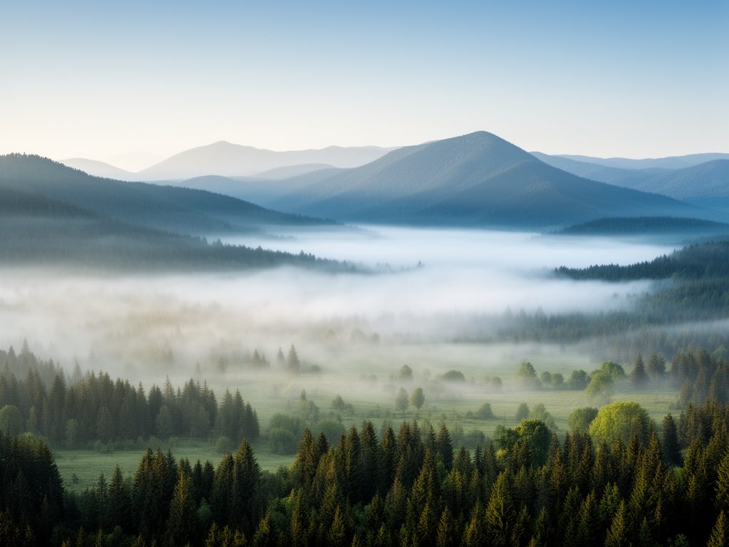 Rozlehlá klidná příroda s ranní mlhou nad horskou krajinou symbolizující harmonii a přirozený rytmus těla