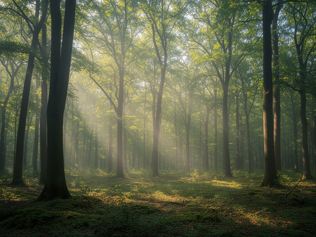 Panoramatická fotografie klidného lesního prostředí s měkkým filtrovým světlem pronikajícím skrze koruny stromů evokující klid a přirozenou rovnováhu